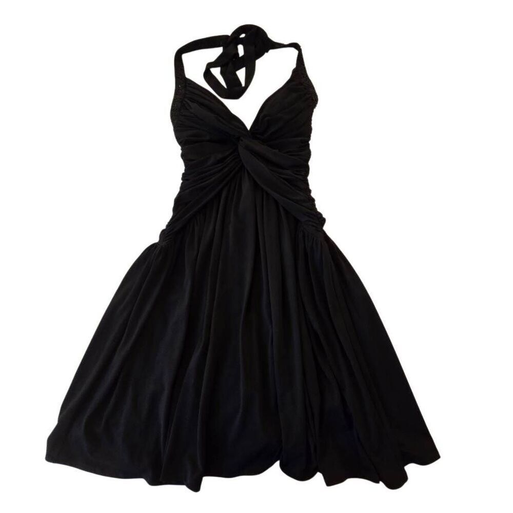 London Times Womens Twist Front Halter Beaded Cocktail Mini Dress Black Size 4